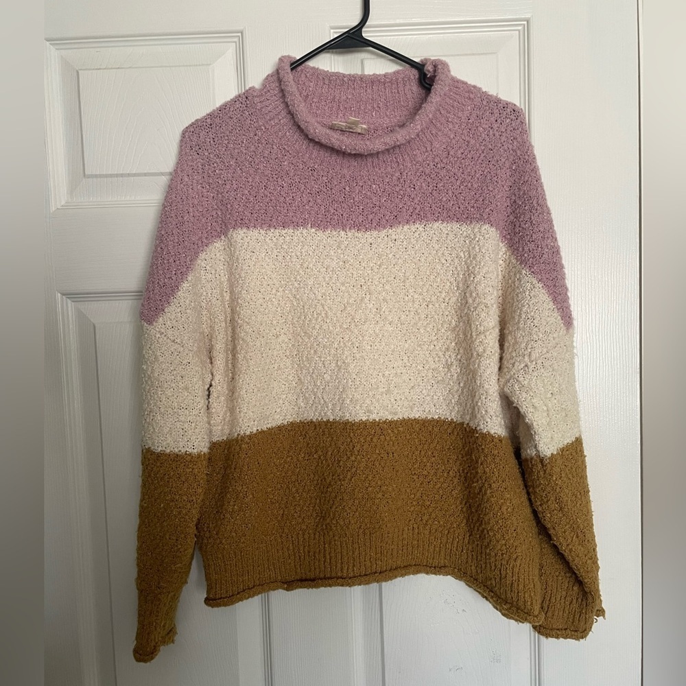 BiBi Multicolor Cowl Turtleneck Sweater Colorblock Mauve Cream Mustard Colors